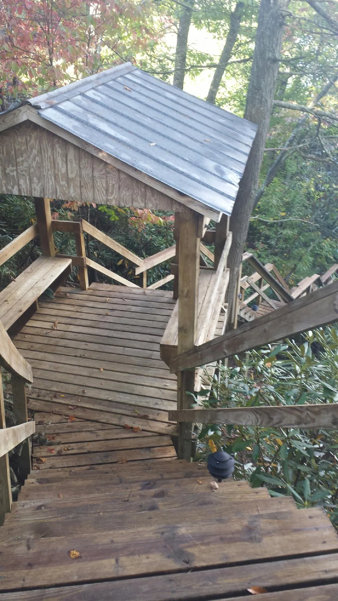 Metal roofed shelter over wooden steps on a wooded walkway — Skylight Repair & Installation work by our crew in New Madison